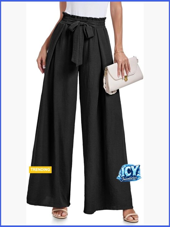 Pants - High Waisted Wide Leg Palazzo Pants with Pockets Tie Knot